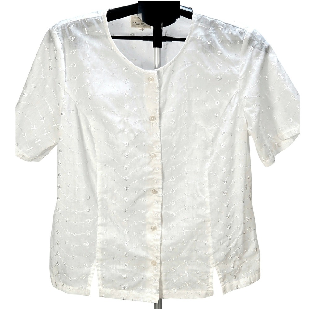 Women's Vermont Country Store Large Button Top White Floral Embroidered Romantic